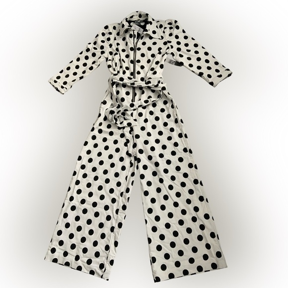 New York & Company Pants - New York & Company Black Polka Dot White Jumpsuit